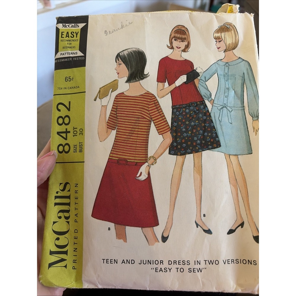 Vintage 1966 McCalls Dress Sewing Pattern 8482 Size 10T Cut Teen Junior A-Line